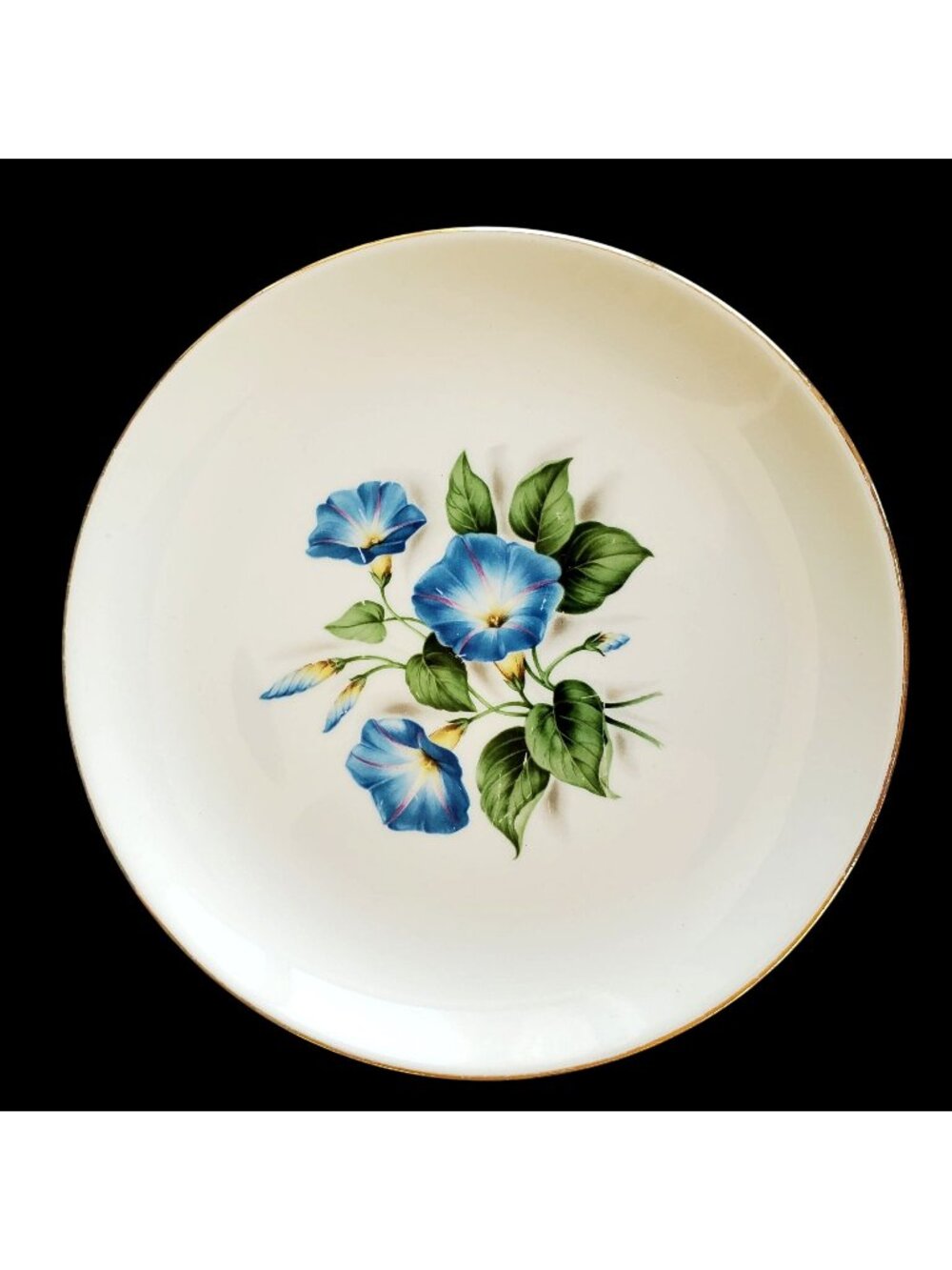 Vintage Ceramic Plate Blue Morning Glory Floral Gold Trim 8 Inch